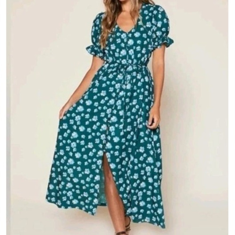 Outerknown Womens Maxi Dress Sz M Green Floral Button Front‎ Peasant NEW